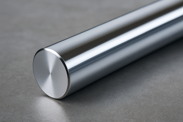 A high-resolution close-up of a cylindrical rod with a hard chrome coating, displaying a mirror-like polished finish on its flat end, placed diagonally on a smooth grey surface.