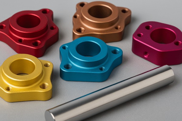 Close-up view of six anodized aluminum parts in red, gold, silver, blue, bronze, and pink, arranged on a gray textured surface, showing their smooth finish and precise machining.