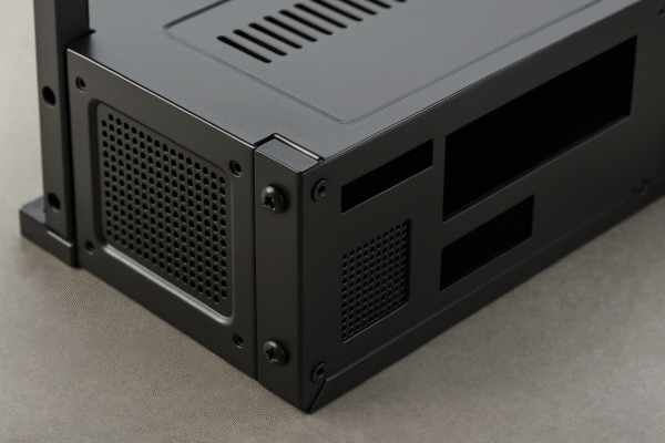Close-up of a black electrophoretic-coated computer chassis showing vented panels, screw fittings, and smooth matte finish.