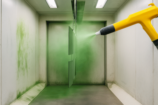 High-resolution image of an industrial powder coating booth with a yellow spray gun applying green powder to suspended metal panels, showing even coverage and clean booth interior.