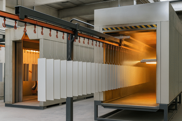 High-resolution photograph of an automated spray painting line with a curing oven, showing freshly painted panels on a conveyor system.