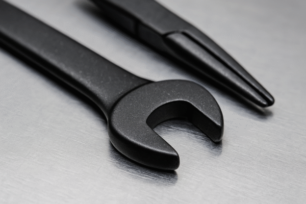 Close-up of PTFE-coated black wrench and needle-nose pliers resting on a brushed metallic surface.