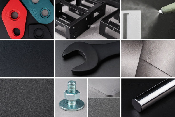 A collage of nine macro close-up photographs showcasing different industrial metal coatings and surface textures, including anodized aluminum in multiple colors, powder-coated frames, spray coating application, matte black finish, black oxide-coated wrench, brushed stainless steel sheets, textured surfaces, zinc-plated bolt, and polished chrome cylinder.