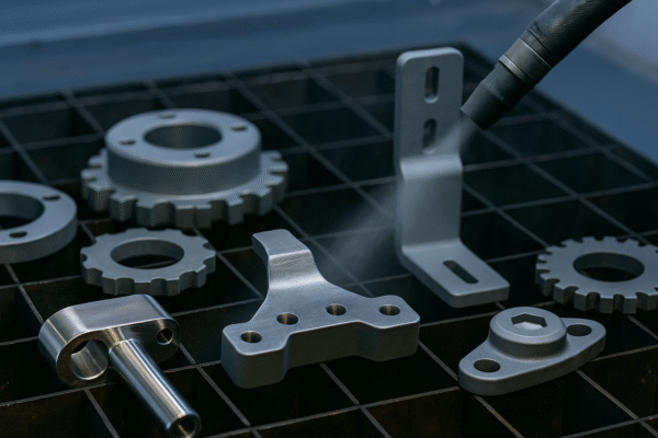 High-resolution close-up of various custom metal components undergoing surface treatment, including a T-shaped bracket being sandblasted, surrounded by gear-like and machined parts on a grid worktable.