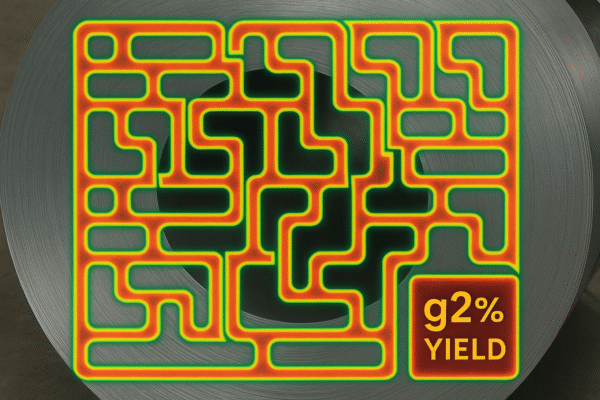 A heatmap overlay on a steel coil showing a high-contrast nested layout with interlocking hollows, aligned rails, and narrow bridges, indicating a yield of g2%.