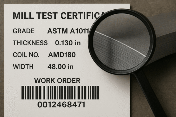 Close-up of a Mill Test Certificate showing grade, thickness, coil number, and barcode, with a magnifying glass highlighting the textured edge of a steel coil.