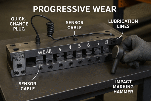  Progressive die on a workbench showing stations labeled 1–8, quick-change plug, sensor cable, lubrication lines, and a technician holding a worn impact marking hammer.