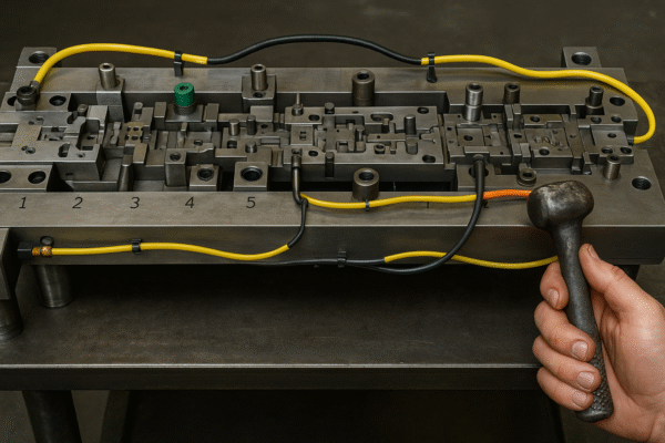 Progressive die on a maintenance workbench, labeled stations 1–8, featuring quick-change plugs, sensor cables, lubrication lines, and a technician holding a worn impact hammer.
