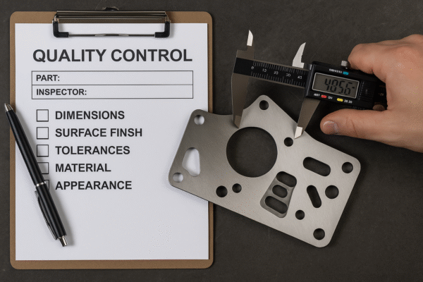 Digital caliper measuring a custom metal part next to a quality control checklist on a clipboard, with inspection items such as dimensions, surface finish, tolerances, material, and appearance.