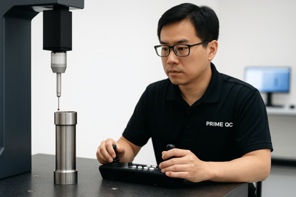 An Asian male quality control engineer operating a coordinate measuring machine (CMM) to inspect a cylindrical metal component in a clean, well-lit inspection room.