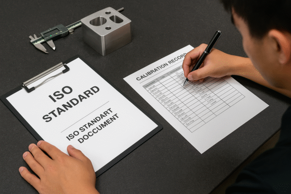 Close-up of ISO-compliant documentation and calibration records on a workstation