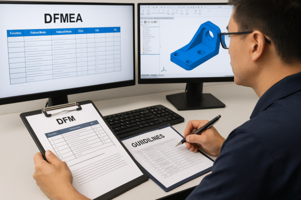Engineers reviewing DFMEA and DFM guidelines over CAD on dual monitors