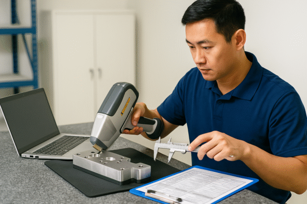 Incoming material verification with spectrometer and dimensional checks