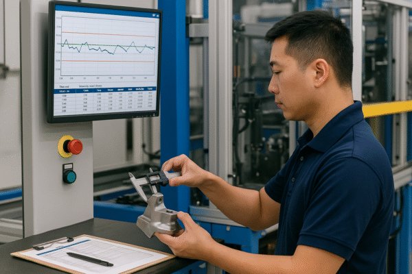 Production line with SPC screens and operators performing in-process checks