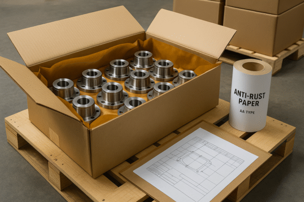 Export-ready industrial packaging with rust protection and palletized cartons