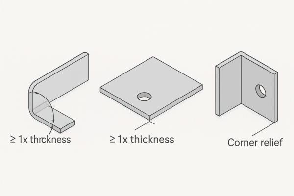 High-resolution grayscale technical illustration showing three sheet metal DFM guidelines: bend radius ≥ 1× thickness, hole-to-edge distance ≥ 1× thickness, and corner relief, without any text or people in the image.
