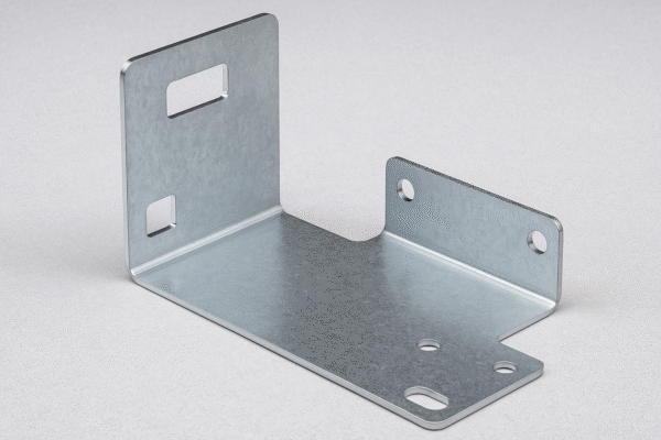 High-resolution image of a custom L-shaped sheet metal component with multiple cutouts and mounting holes, made from galvanized steel, placed on a neutral gray background, with no text or people.