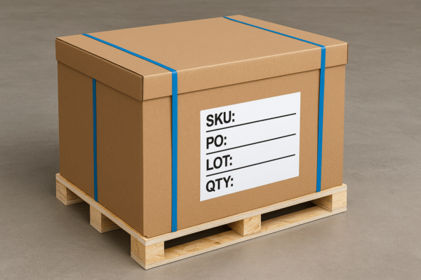 High-resolution image of ISTA-style ocean freight packaging for custom metal sheet metal parts, featuring a large cardboard box on a wooden pallet with blue strapping bands and a bold shipping label indicating SKU, PO, lot, and quantity, without any people.
