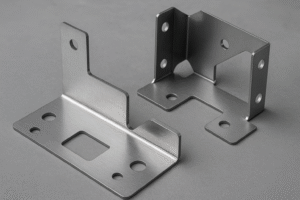 High-resolution image of two custom sheet metal components with precise bends, cutouts, and mounting holes, made from brushed steel, placed on a smooth gray surface without any text or people.