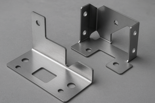 High-resolution image of two custom sheet metal components with precise bends, cutouts, and mounting holes, made from brushed steel, placed on a smooth gray surface without any text or people.