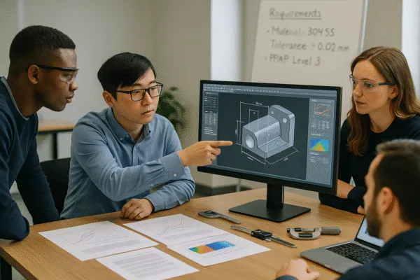 Engineers discussing requirements over CAD and test data