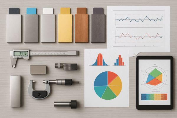 Material samples and process capability charts on a table