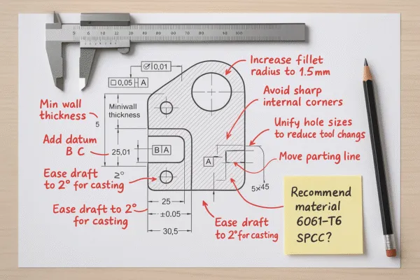 DFM annotations on a machined part drawing