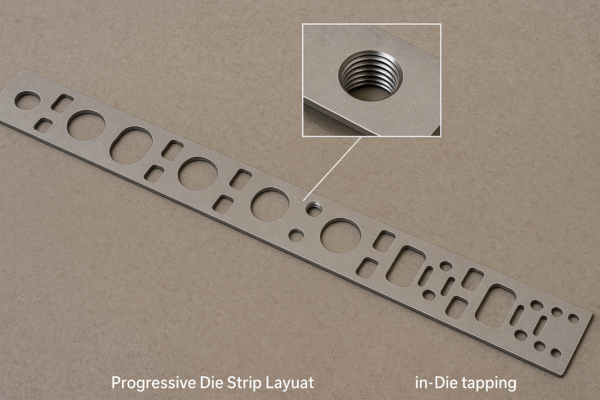High-resolution image of a progressive die strip layout with in-die tapping, showing multiple stations with cutouts and a highlighted threaded hole, placed on a neutral gray surface.