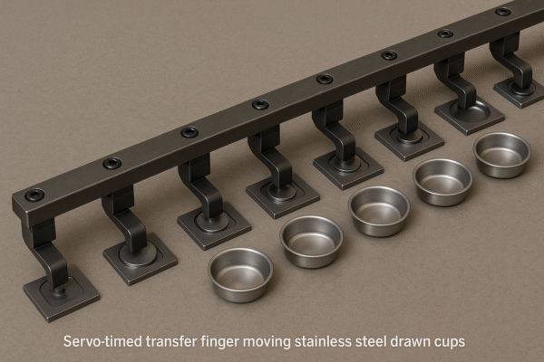High-resolution image of a servo-timed transfer finger system moving stainless steel drawn cups through five stations on pad nests, against a neutral background.