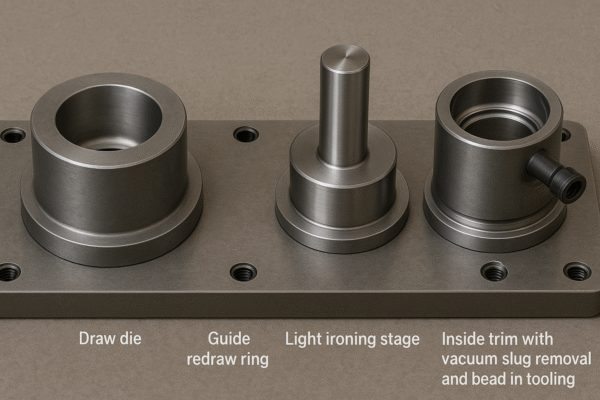 High-resolution image showing four metal tooling components on a steel base plate: draw die, guide redraw ring, light ironing stage, and inside trim with vacuum slug removal and bead in tooling.