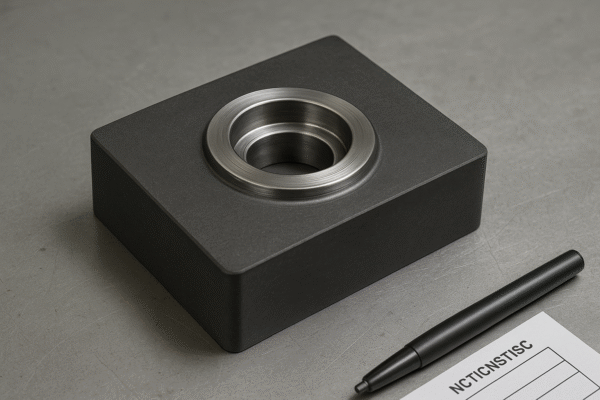 High-resolution image of a single-hit composite metal stamping die with a finished annular ring feature, placed on a gray industrial surface next to a black pen.