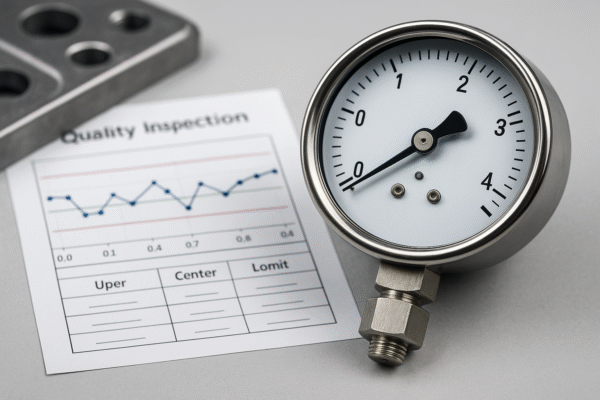 High-resolution image of a pressure gauge and an SPC dashboard chart on a light gray surface, with a metallic component blurred in the background.