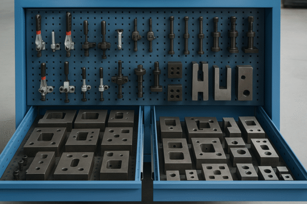 Tool cabinet with quick-change clamping fixtures and modular die inserts neatly organized in a workshop setting.