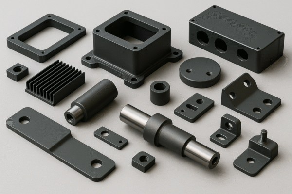 A high-resolution photograph displays a collection of custom food-grade metal components including brackets, housings, covers, shafts, panel frames, enclosures, radiators, bushings, and fasteners with polished finishes.