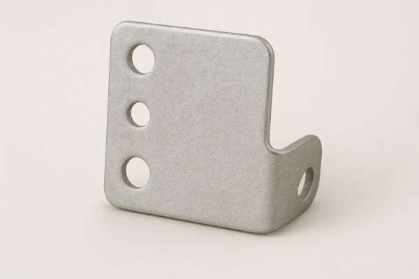 High-strength stamped durability test component with smooth rounded edges, uniform zinc-nickel and powder coating finish, used in salt spray corrosion resistance testing.