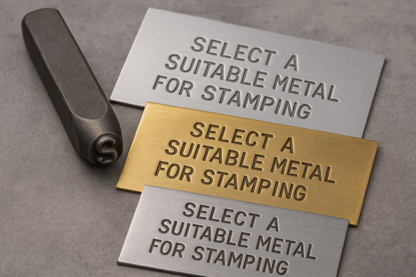 Aluminum, brass, and stainless steel plates placed side by side with crisp stamped impressions, accompanied by a steel hand stamping tool.
