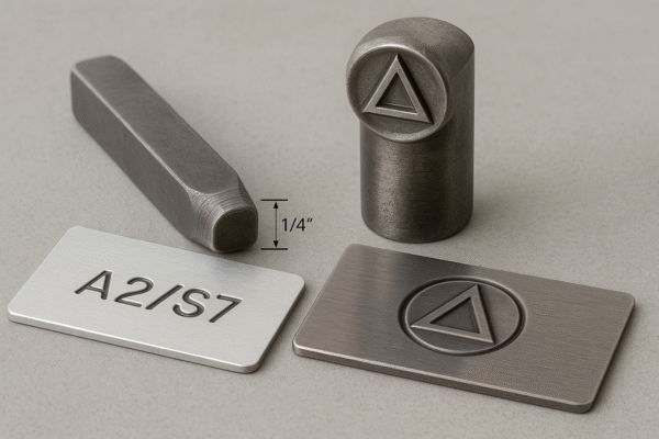 A small A2/S7 metal stamp tool placed next to a large cylindrical logo die, with aluminum and stainless steel coupons showing clear stamped impressions of different depths.