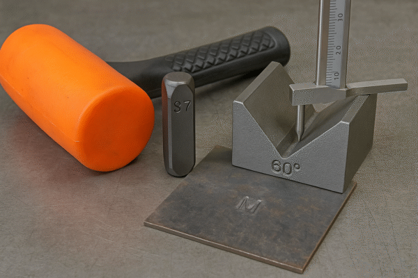 Manual stamping workstation showing an S7 stamping die on a soft steel plate supported by a 60° V-block, with a depth gauge measuring the imprint.
