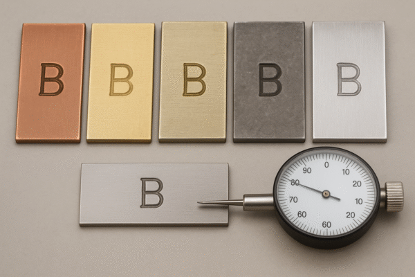 Five stamped metal coupons—copper, brass, aluminum, mild steel, and 304 stainless steel—arranged beside a depth gauge measuring the depth of the stamped “B” impression.