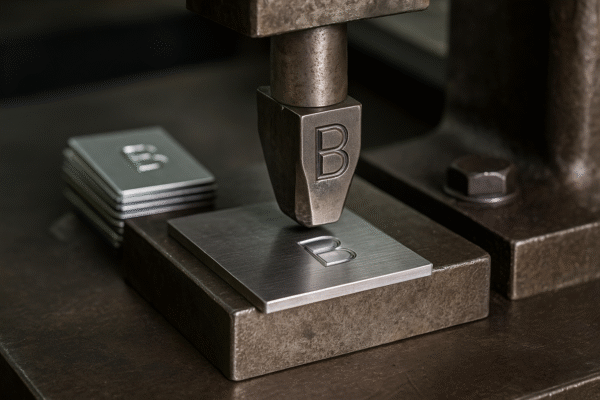 A stamping press machine creating metal stamping parts, with a die pressing into a steel sheet and freshly stamped pieces stacked nearby.