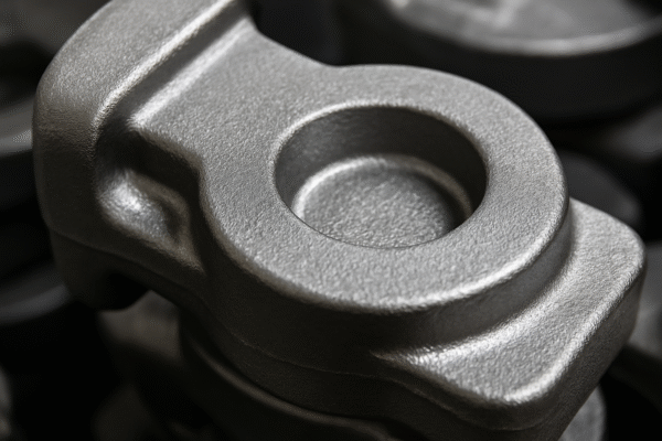 Close-up view of a forged metal part with smooth contours, a central machined hole, and detailed surface texture.