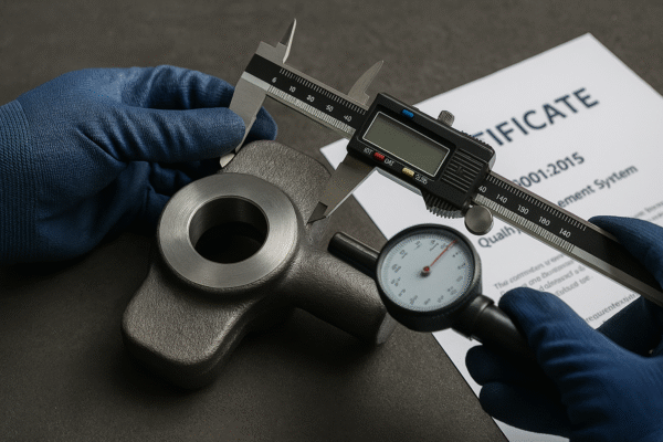 Inspector measuring a forged metal part with a digital caliper and hardness gauge during a quality control check.