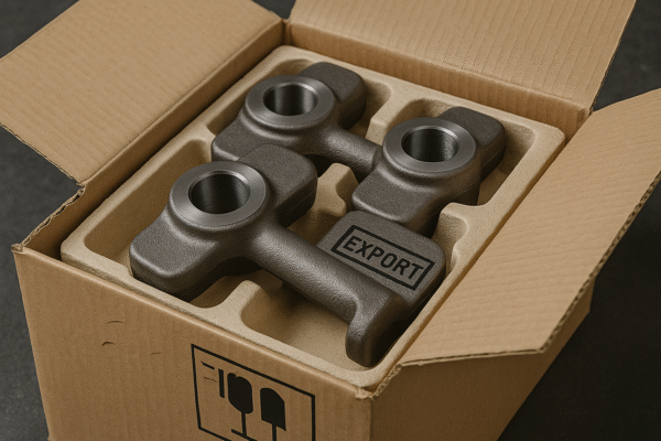 Forged metal components securely packed in molded foam inside an export-grade cardboard box, ready for international shipment.