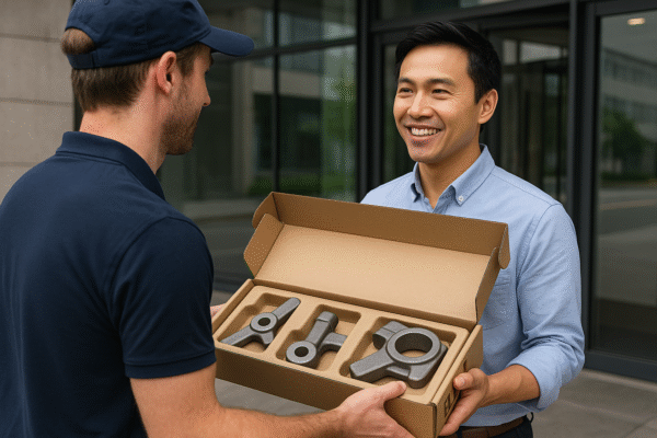 Smiling customer receives a package of forged metal parts from a delivery person outside a modern office building.