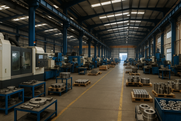 Inside Prime’s custom metal parts factory showing CNC machines, production workstations, and organized raw material pallets in a high-ceiling workshop.