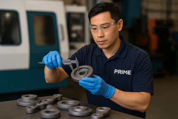 Asian quality control technician at Prime inspects a forged metal part using a caliper during a detailed dimensional check.
