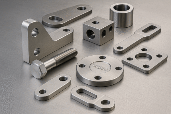 A set of precision custom metal parts produced by Prime, including flanges, brackets, bolts, and machined blocks, arranged on a brushed steel surface.
