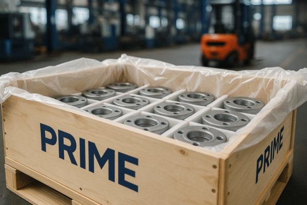 Custom metal parts from Prime securely packed in a wooden export crate with protective foam, ready for global shipment.