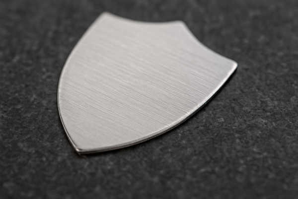 Macro close-up of a 0.25 mm stainless steel shield on a granite plate, showing crisp edges, fine micro-slots, and excellent flatness.