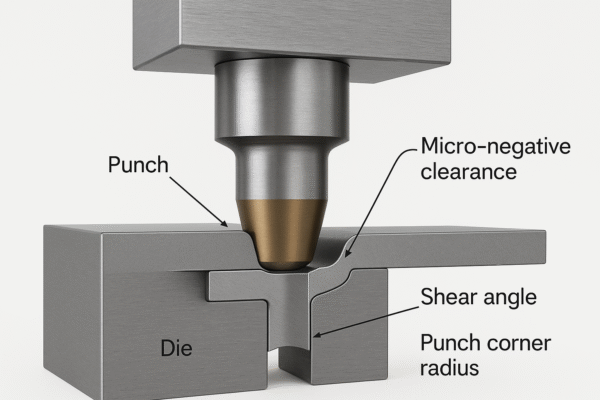 3D CAD cross-sectional rendering of a fine-piercing station showing punch, die, workpiece, micro-negative clearance, shear angle, and punch corner radius.